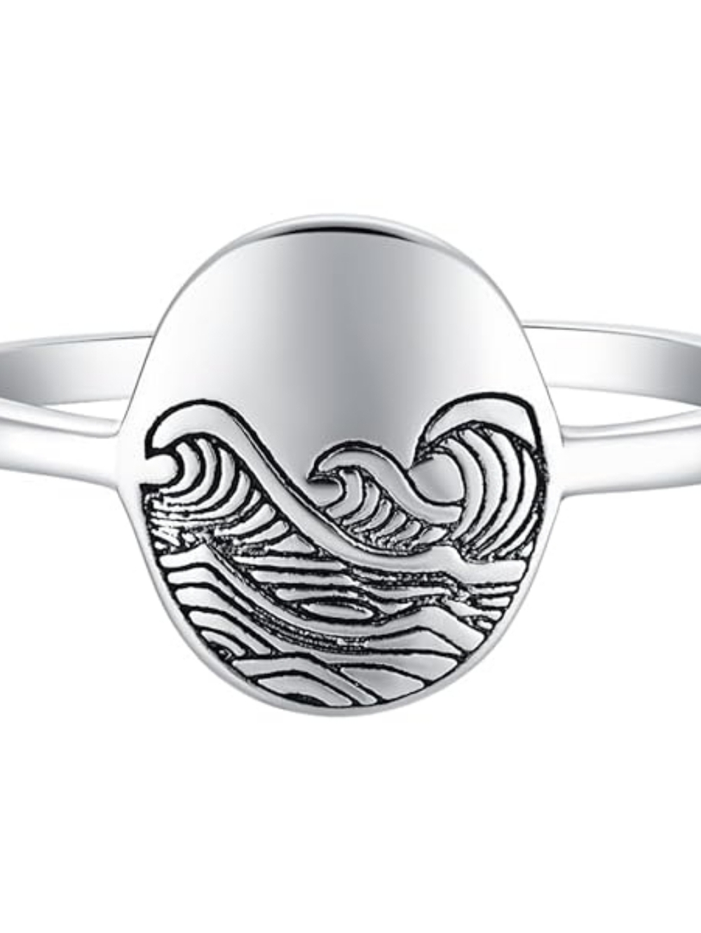 Silver Wave Engraved Round Signet Ring - Women Jewelry